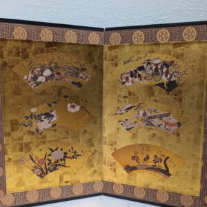 Vintage Japanese Folding Screen Decor with Gold Leaf and Fan Motif Design