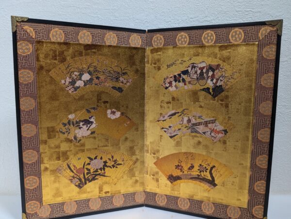 Vintage Japanese Folding Screen Decor with Gold Leaf and Fan Motif Design