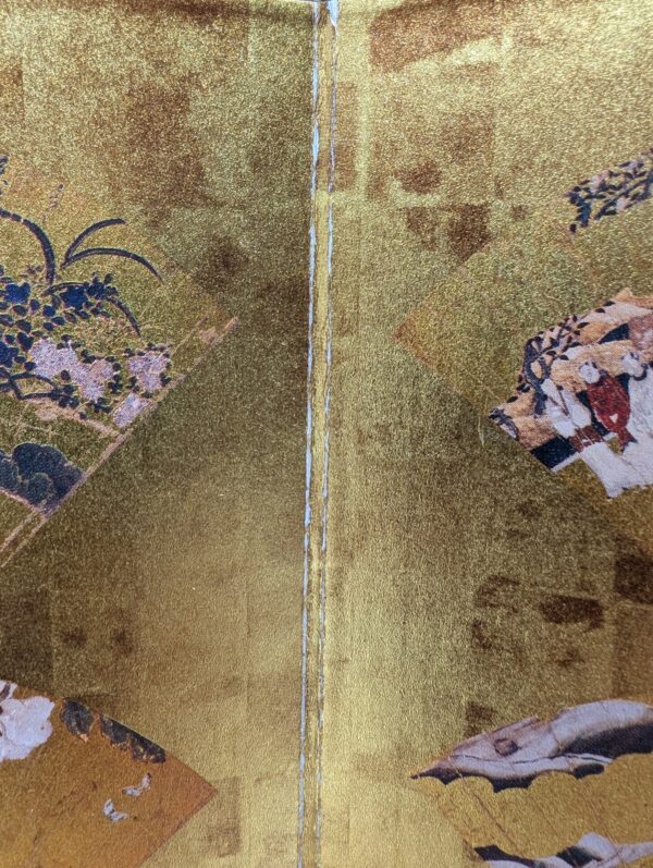 Vintage Japanese Folding Screen Decor with Gold Leaf and Fan Motif Design - Image 2