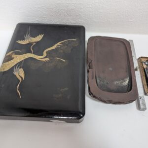 Vintage Japanese Calligraphy Set with Lacquer Box, Inkstone, and Ink Stick