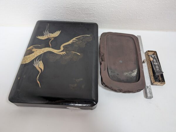 Vintage Japanese Calligraphy Set with Lacquer Box, Inkstone, and Ink Stick