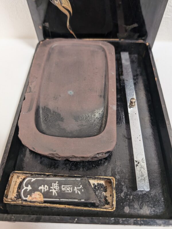 Vintage Japanese Calligraphy Set with Lacquer Box, Inkstone, and Ink Stick - Image 3