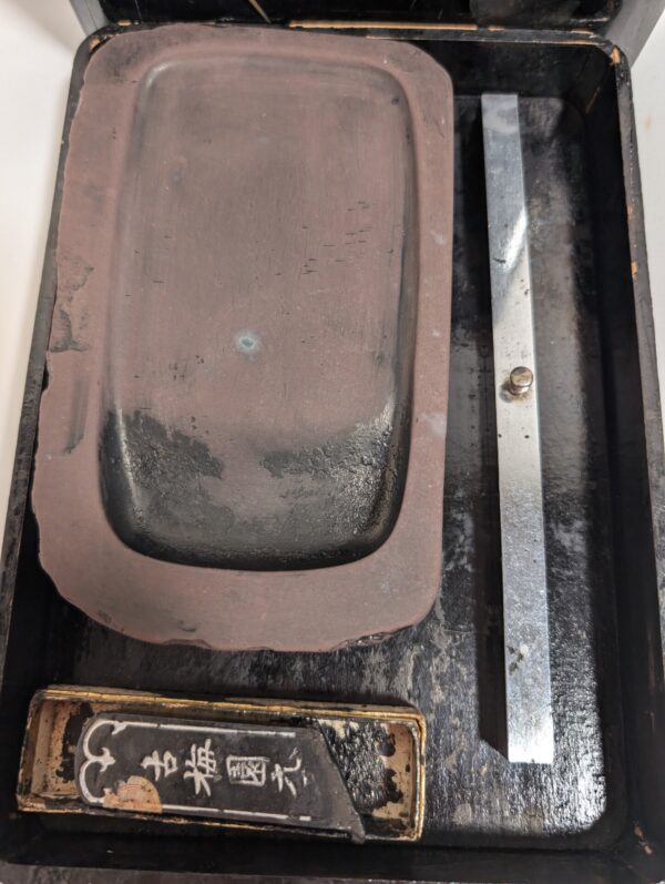 Vintage Japanese Calligraphy Set with Lacquer Box, Inkstone, and Ink Stick - Image 4