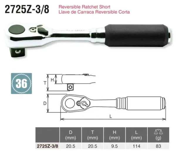 KOKEN  Z-EAL 3/8" SHORT RATCHET HANDLE  2725Z-3/8 - Image 2