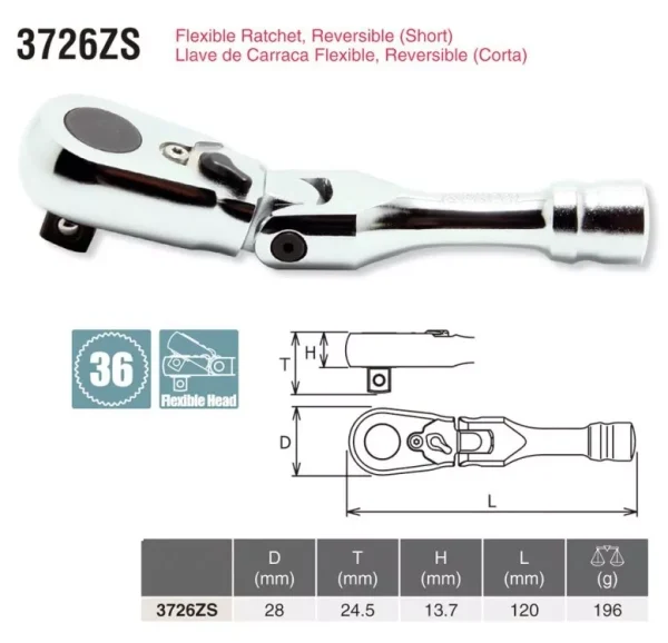 KOKEN  Z-EAL 3/8" SHORT FLEXIBLE RATCHET HANDLE  3726ZS - Image 2