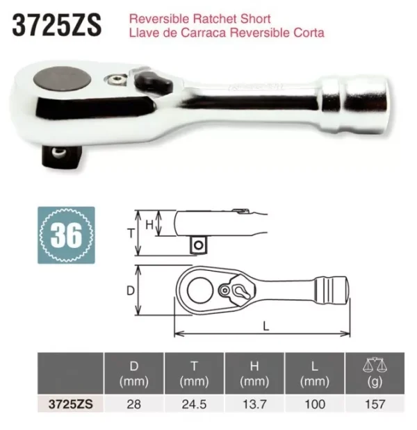 KOKEN Z-EAL 3/8" SHORT RATCHET HANDLE 3725ZS  MADE IN JAPAN - Image 2