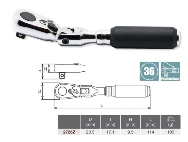 KOKEN Z-EAL 1/4" FLEXIBLE HEAD RATCHET HANDLE 2726Z - Image 2