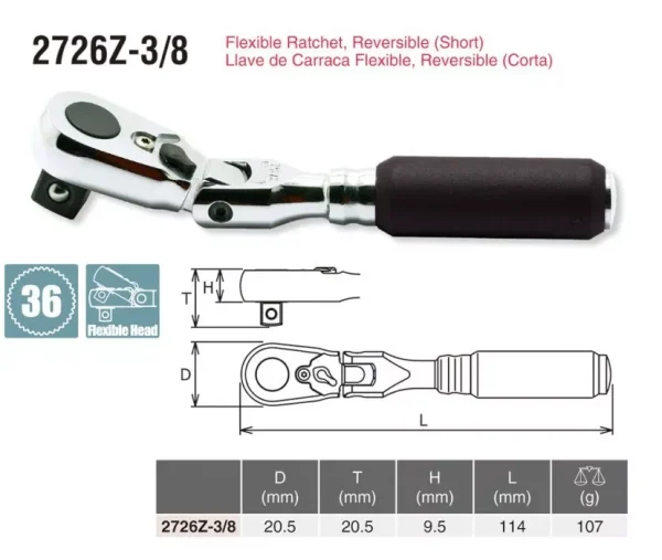 KOKEN  Z-EAL 3/8" SHORT FLEXIBLE RATCHET HANDLE  2726Z-3/8