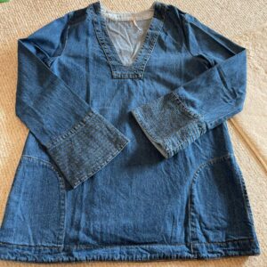 Free People Denim Tunic Top - 100% Cotton, A-Line Boho V-Neck Long Sleeve - Size L